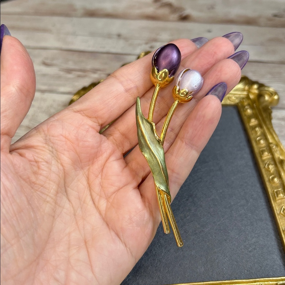 Elegant Gold and Purple Tulip Brooch